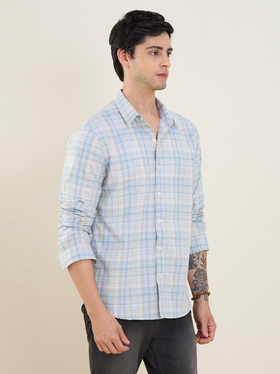 Men’s 100% Cotton Blue Checks Slim Fit Casual Shirt | MARK & ALBERT