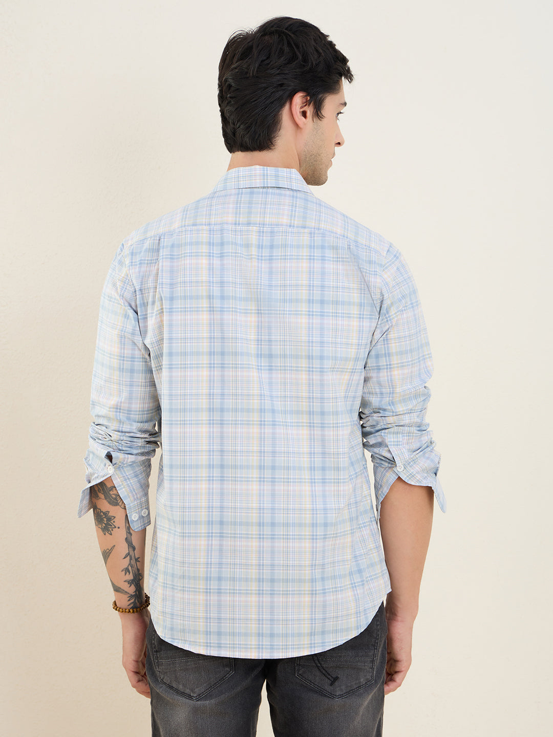 Men’s 100% Cotton Blue Checks Slim Fit Casual Shirt | MARK & ALBERT