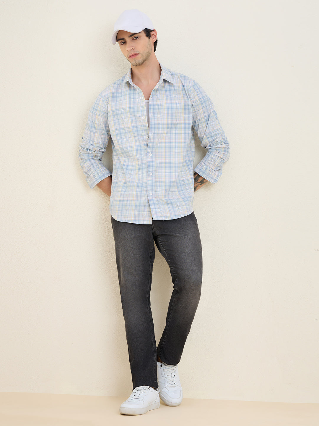 Men’s 100% Cotton Blue Checks Slim Fit Casual Shirt | MARK & ALBERT