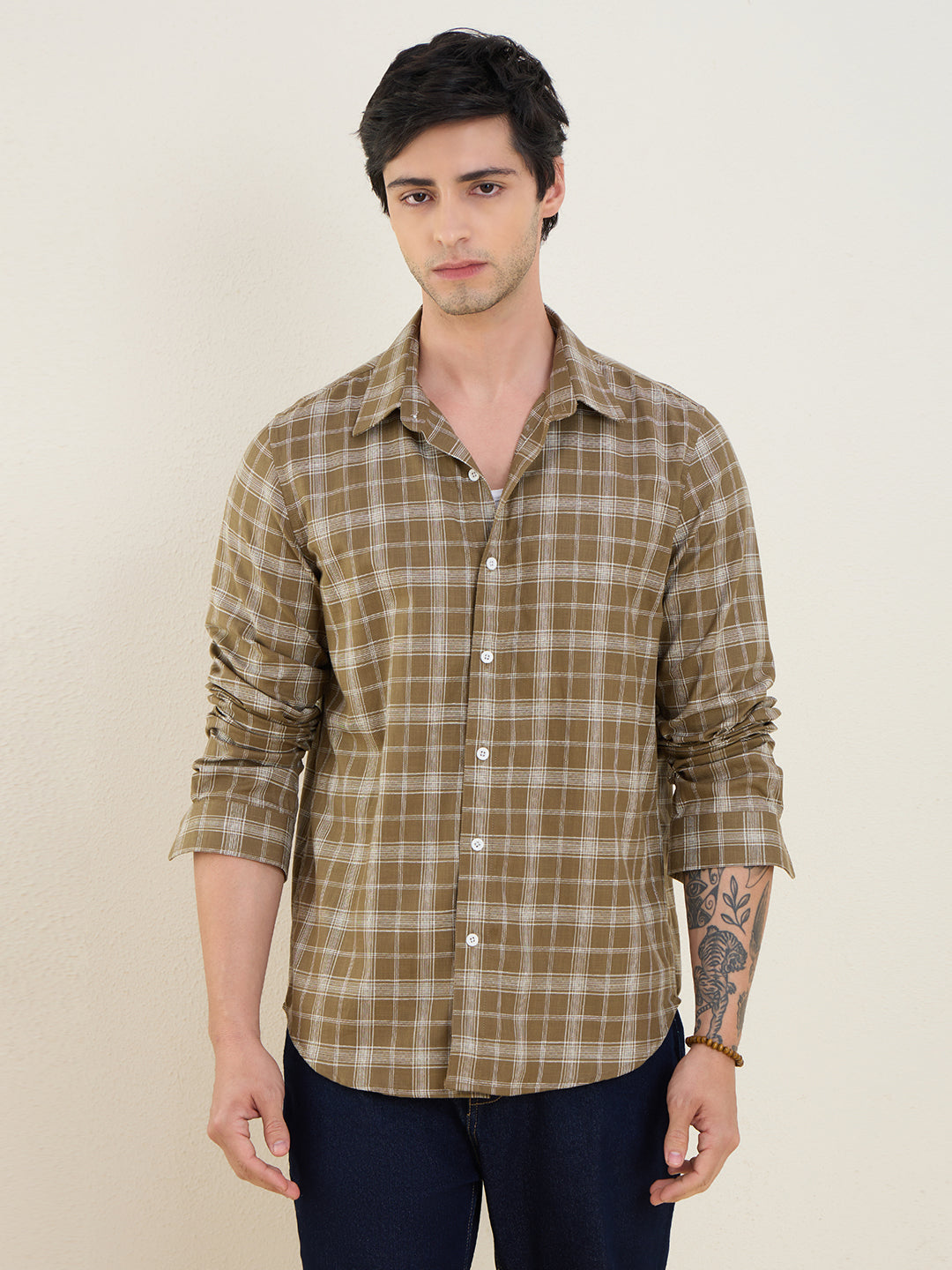 Men’s 100% Cotton Olive Check Slim Fit Shirt | MARK & ALBERT