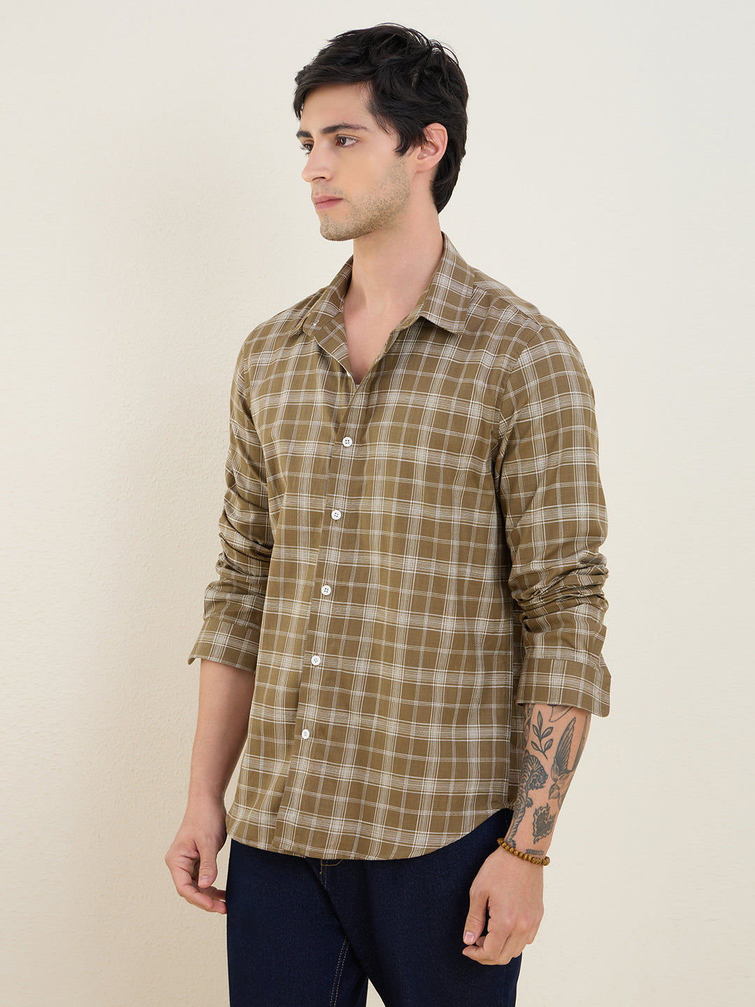 Men’s 100% Cotton Olive Check Slim Fit Shirt | MARK & ALBERT