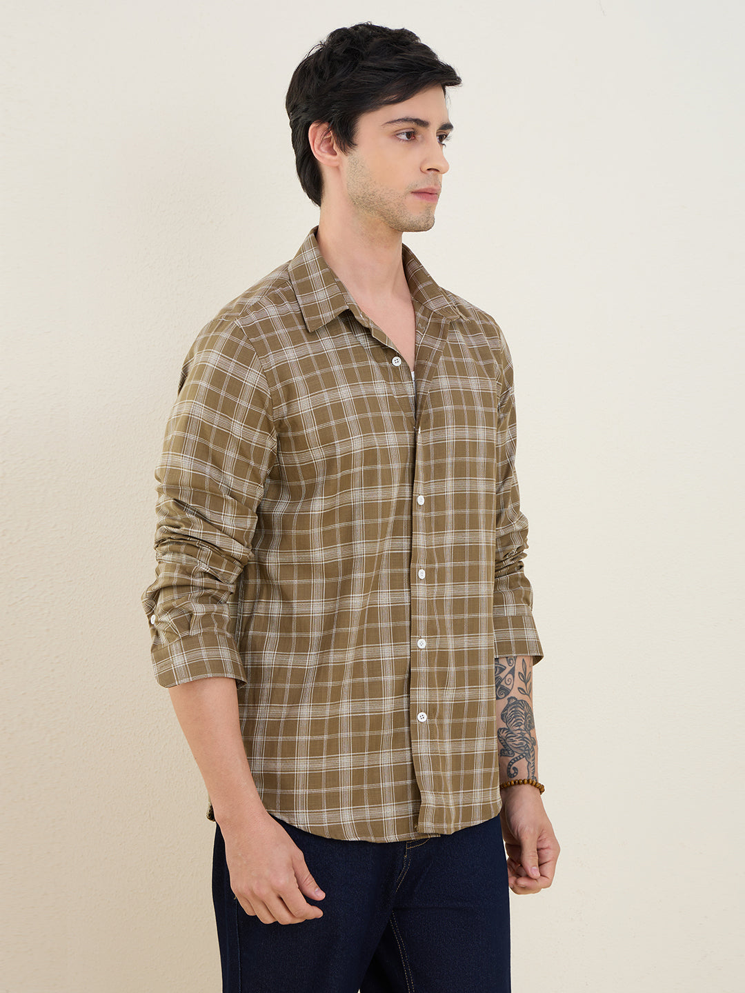 Men’s 100% Cotton Olive Check Slim Fit Shirt | MARK & ALBERT