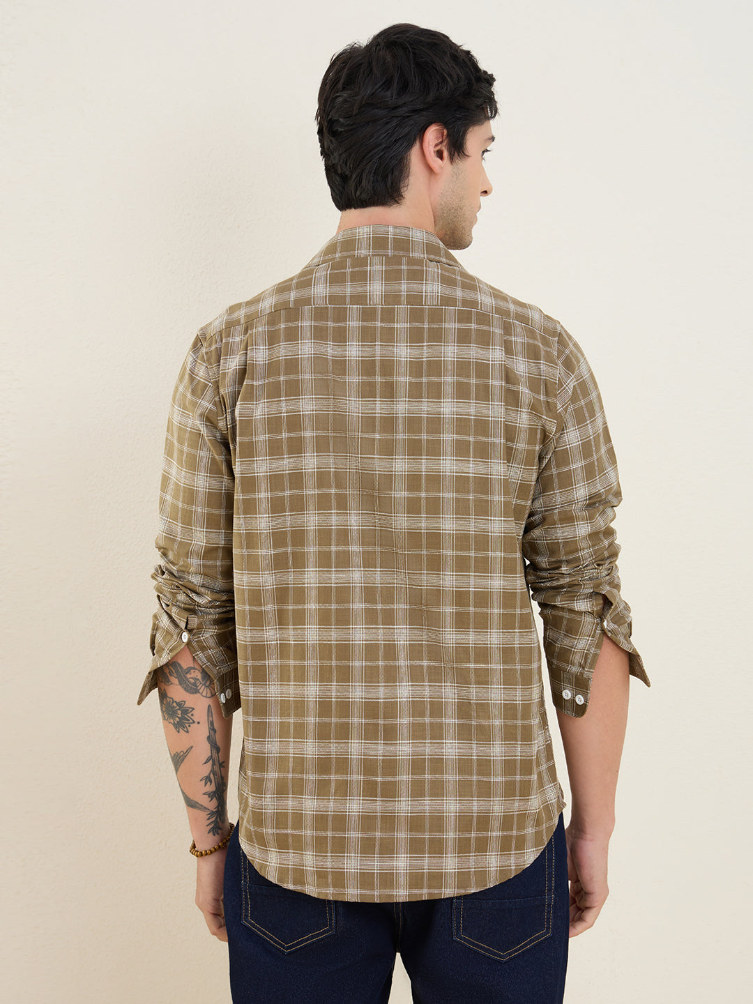 Men’s 100% Cotton Olive Check Slim Fit Shirt | MARK & ALBERT