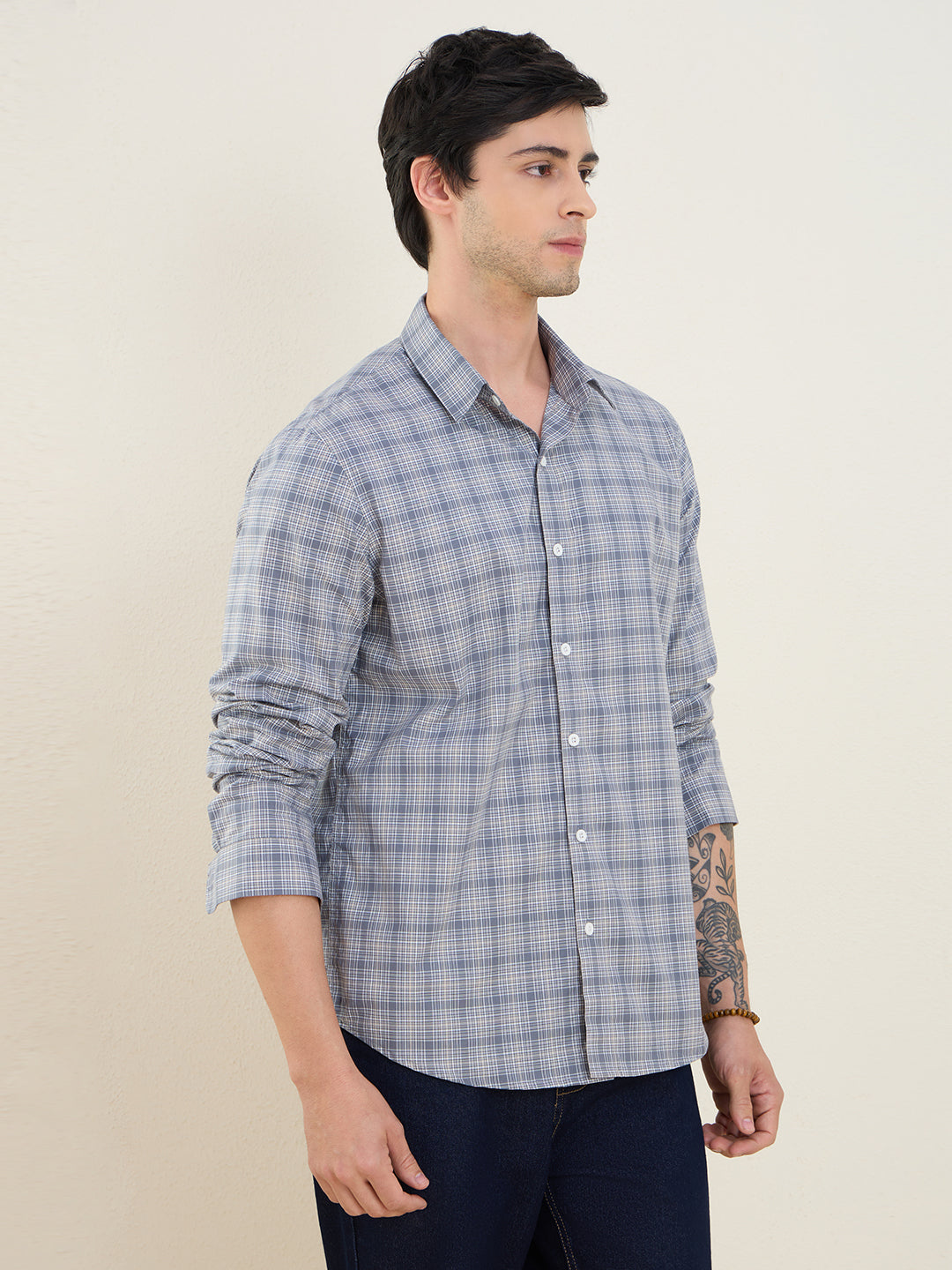 Men’s Grey Plaid Check Shirt 100% Cotton Slim Fit Casual Shirt | MARK & ALBERT