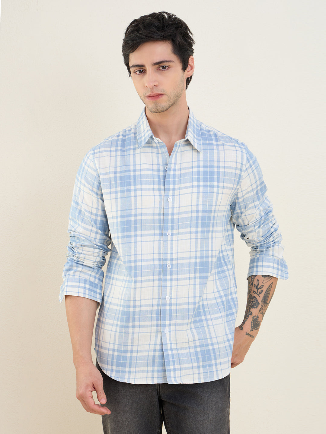 Men’s 100% Cotton Blue Check Slim Fit Casual Shirt | MARK & ALBERT