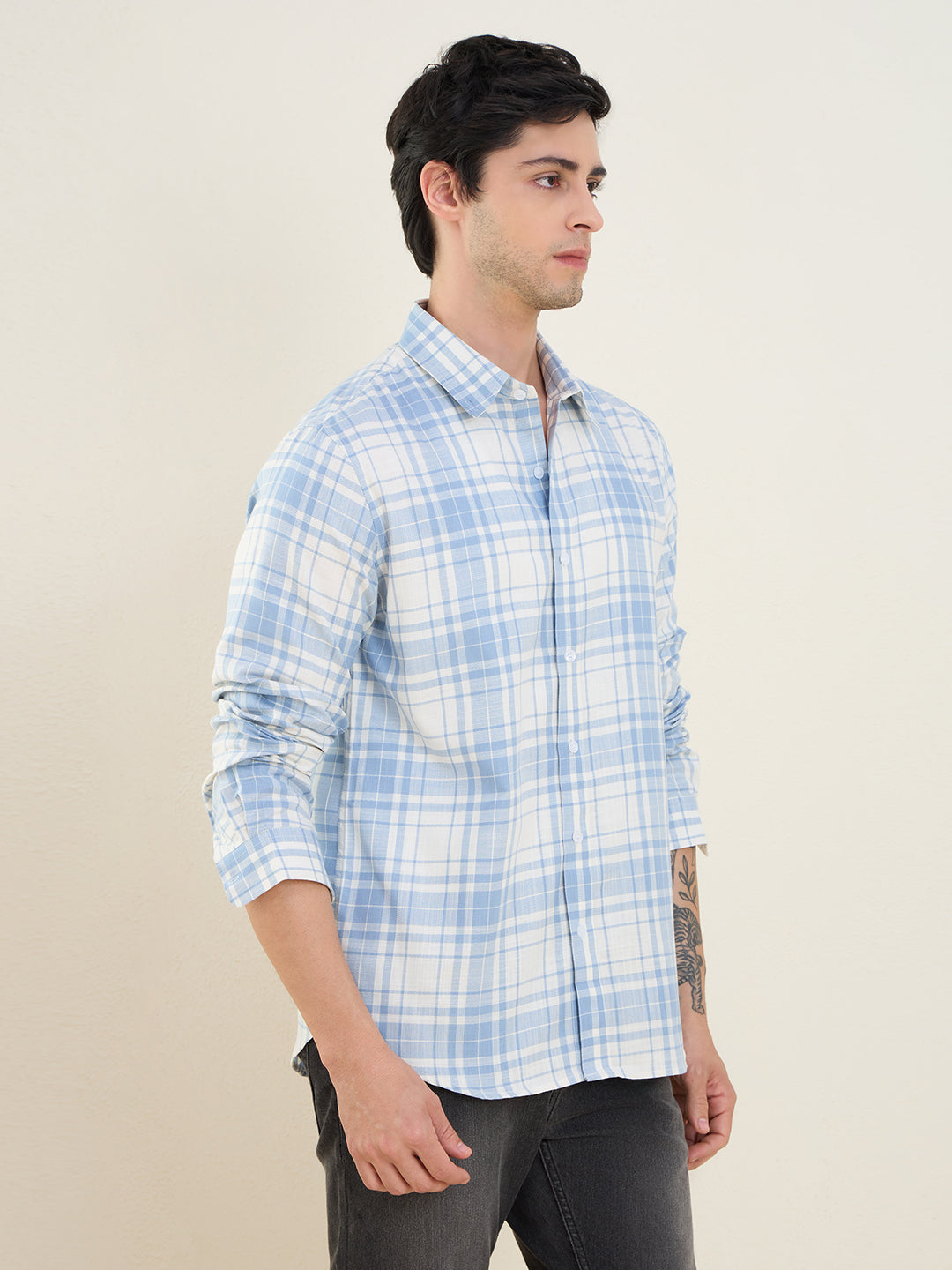 Men’s 100% Cotton Blue Check Slim Fit Casual Shirt | MARK & ALBERT