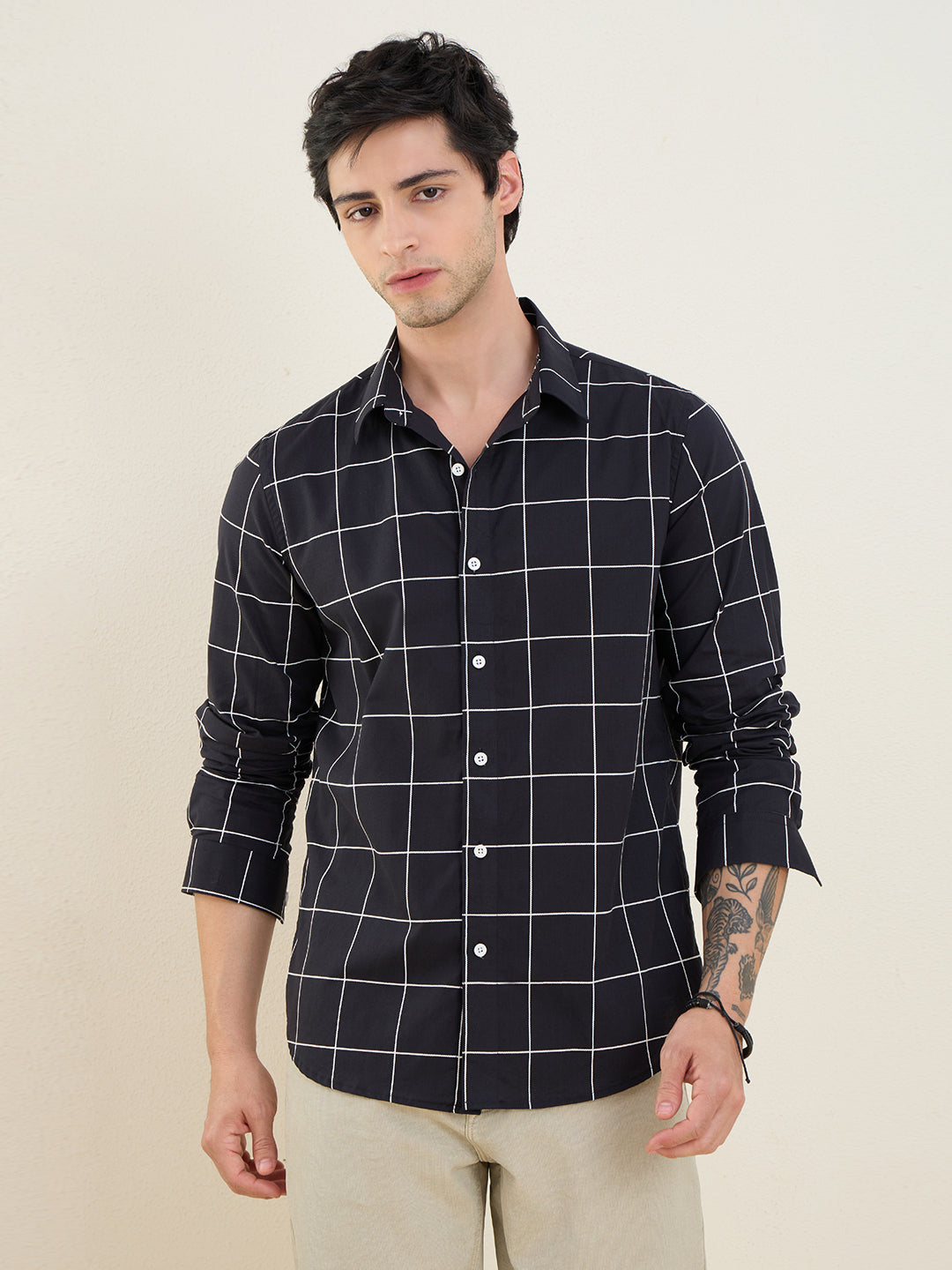 Men’s 100% Cotton Black Windowpane Check Slim Fit Shirt | MARK & ALBERT