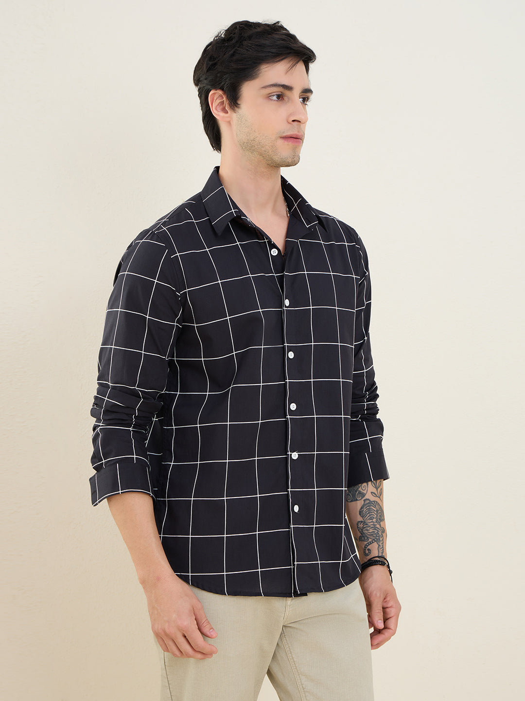 Men’s 100% Cotton Black Windowpane Check Slim Fit Shirt | MARK & ALBERT