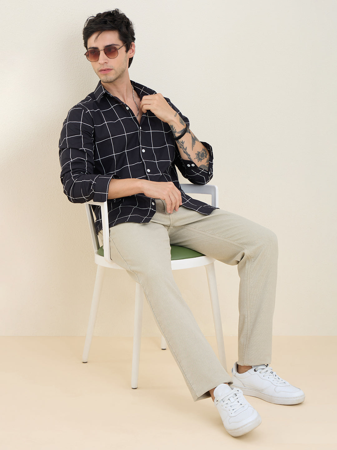 Men’s 100% Cotton Black Windowpane Check Slim Fit Shirt | MARK & ALBERT