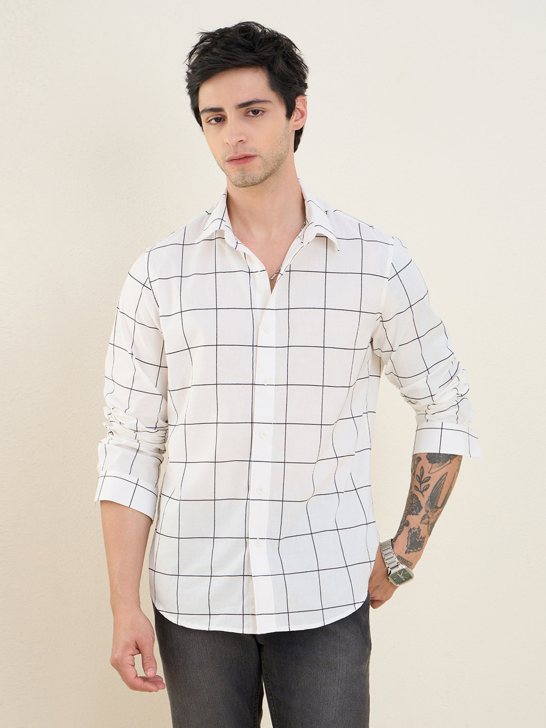 Men’s 100% Cotton White Windowpane Check Slim Fit Shirt | MARK & ALBERT