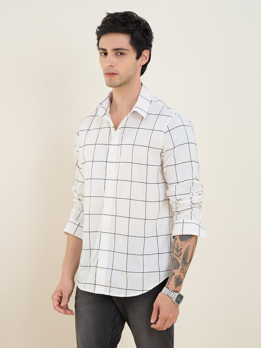 Men’s 100% Cotton White Windowpane Check Slim Fit Shirt | MARK & ALBERT