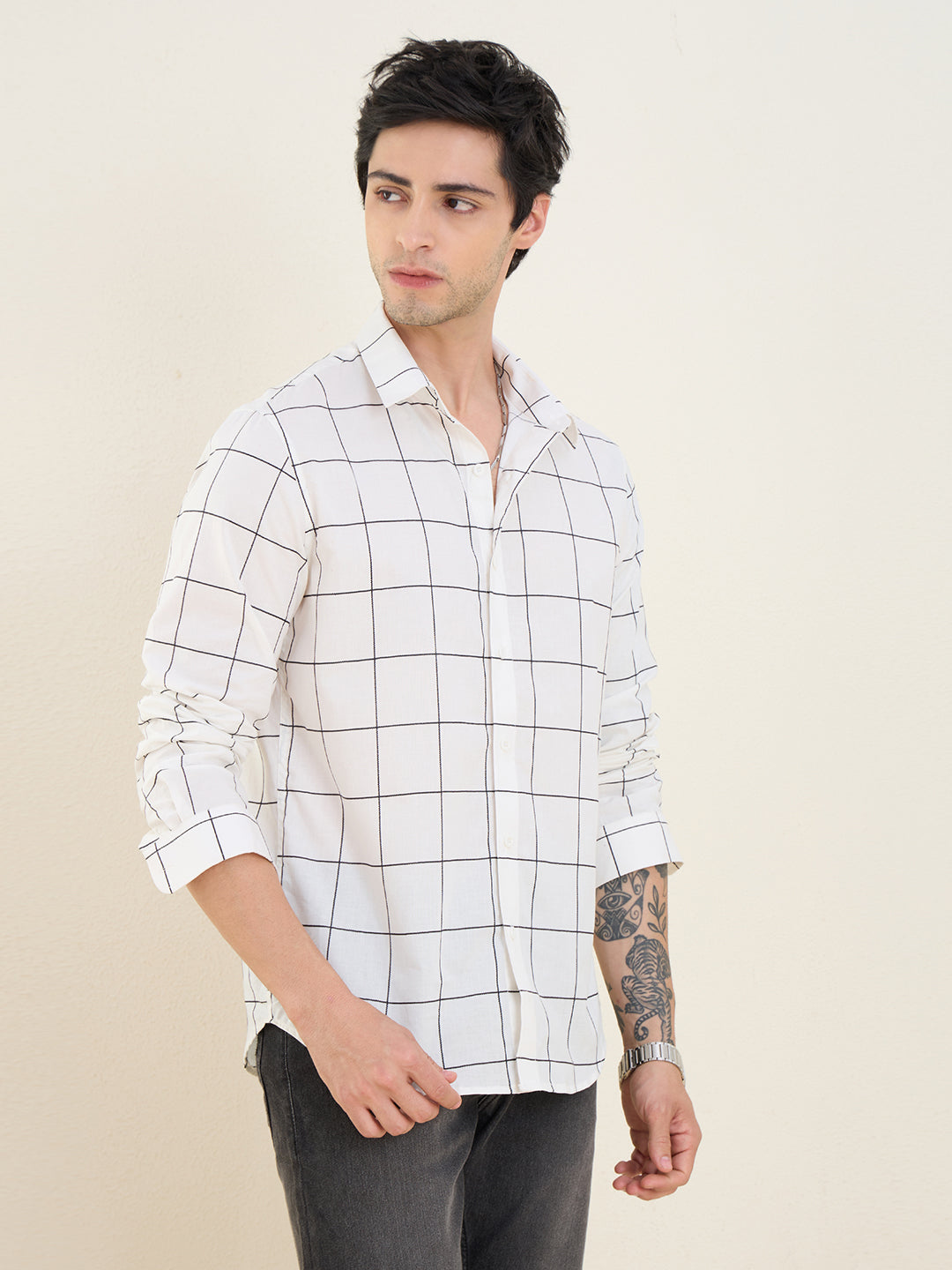 Men’s 100% Cotton White Windowpane Check Slim Fit Shirt | MARK & ALBERT