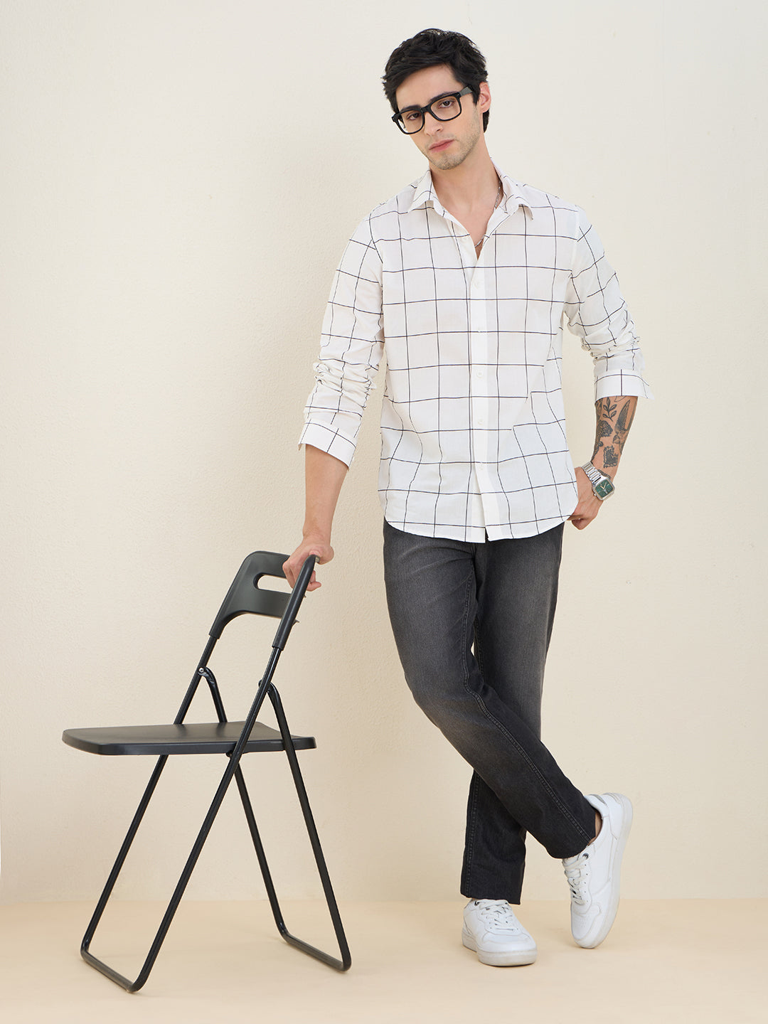 Men’s 100% Cotton White Windowpane Check Slim Fit Shirt | MARK & ALBERT