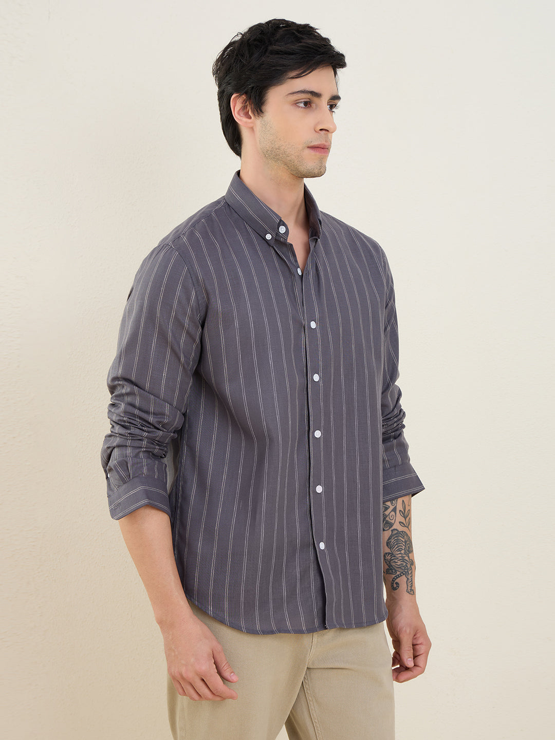 Men’s Grey Striped Cotton Linen Slim Fit Casual Shirt | MARK & ALBERT
