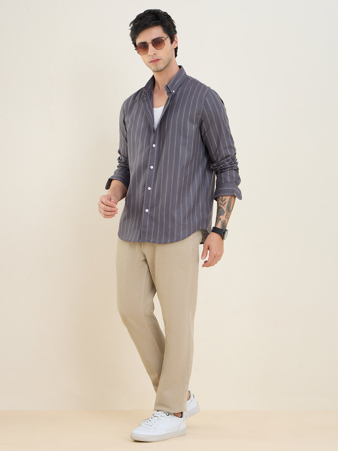 Men’s Grey Striped Cotton Linen Slim Fit Casual Shirt | MARK & ALBERT