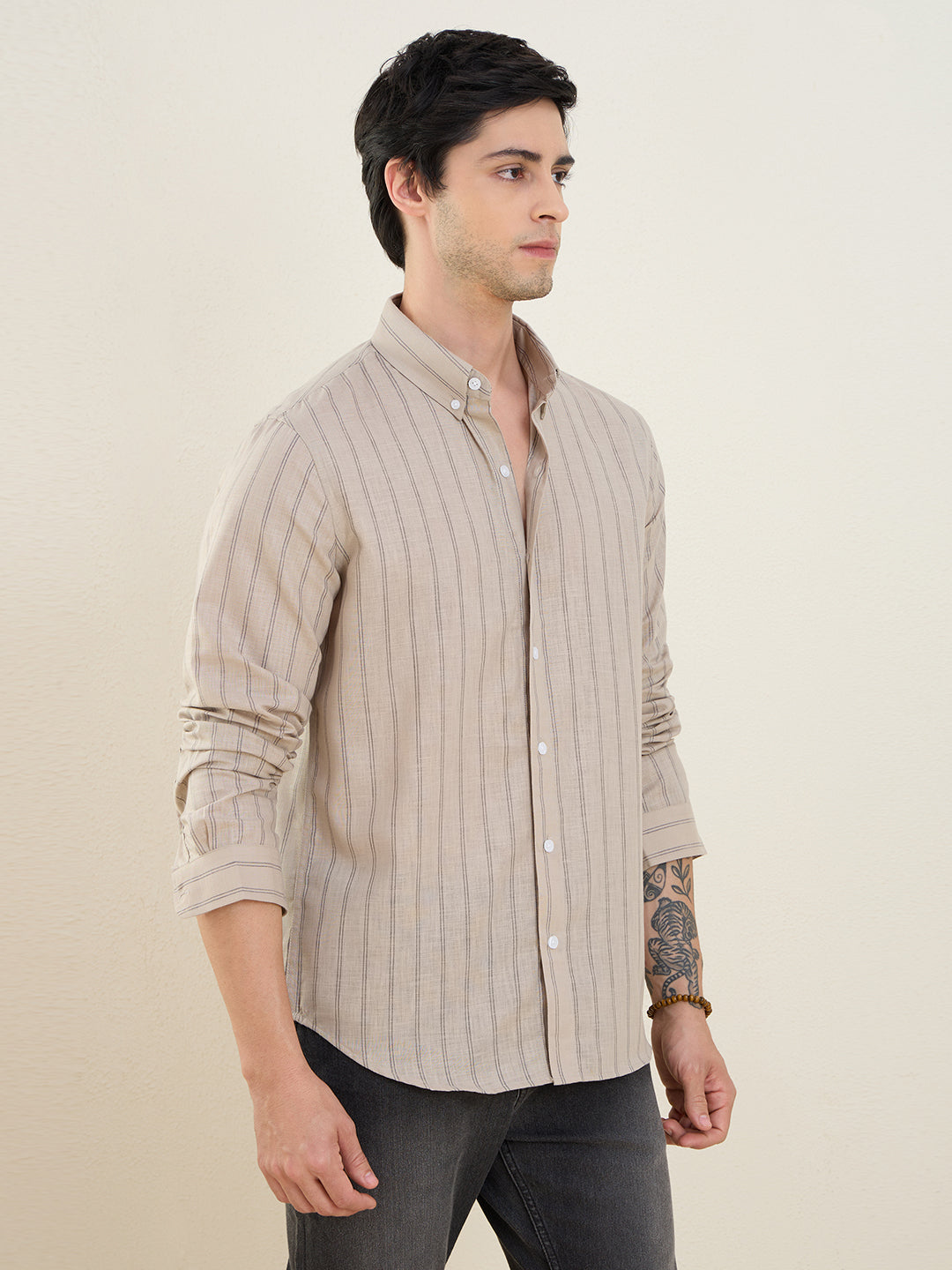 Men’s Beige Striped Cotton Linen Slim Fit Casual Shirt | MARK & ALBERT