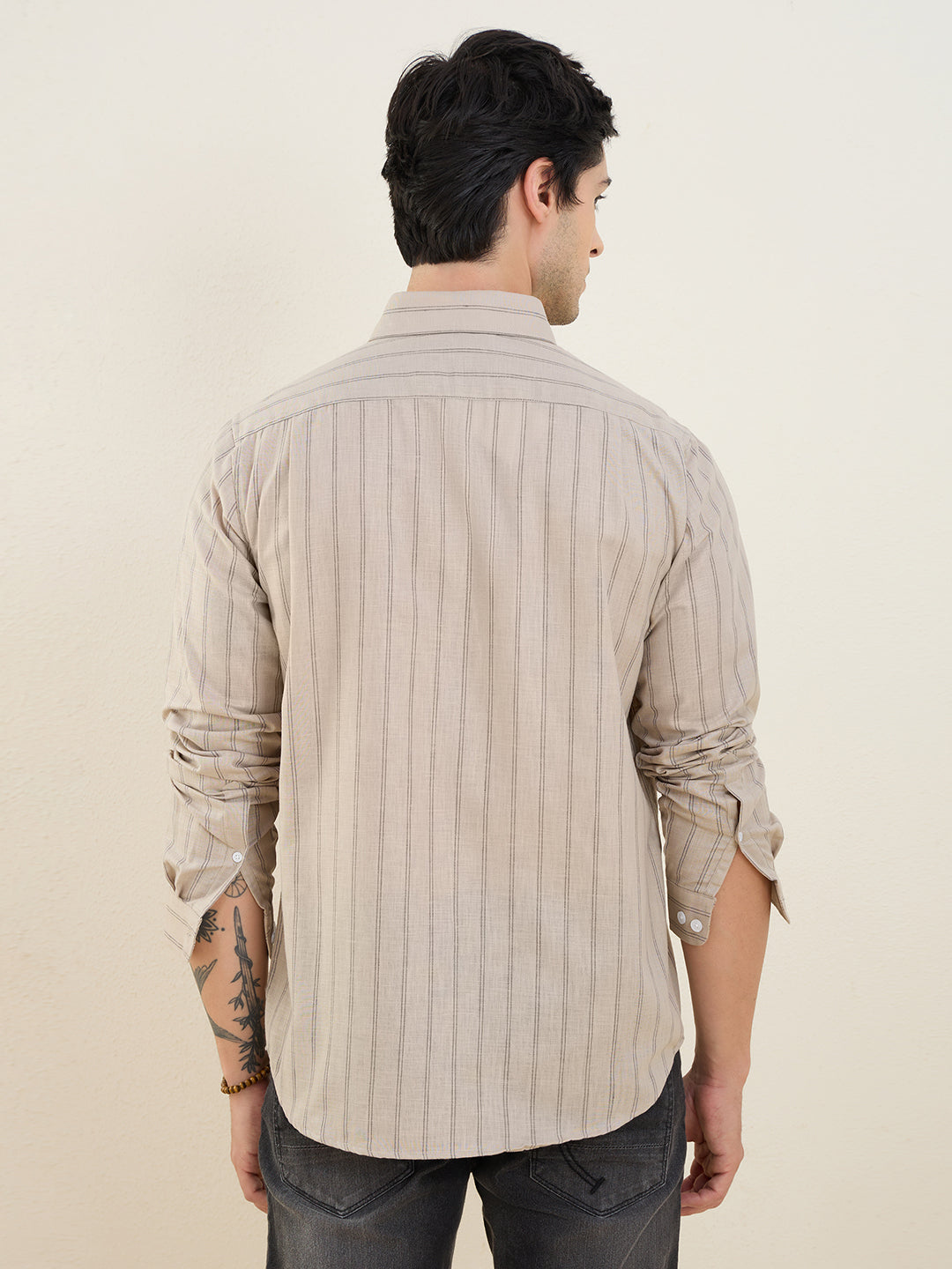 Men’s Beige Striped Cotton Linen Slim Fit Casual Shirt | MARK & ALBERT