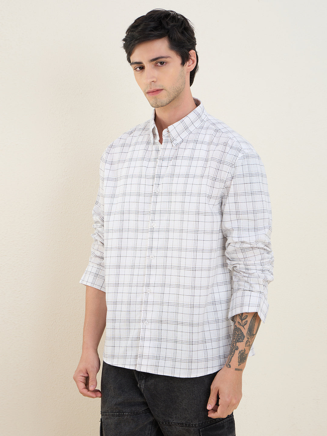 Men’s 100% Cotton White Check Regular Fit Shirt | MARK & ALBERT