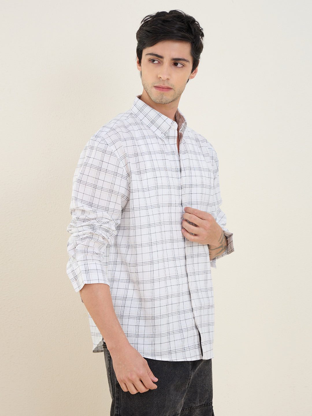 Men’s 100% Cotton White Check Regular Fit Shirt | MARK & ALBERT