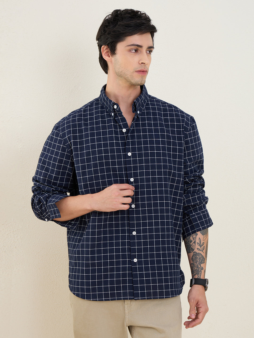 Men’s 100% Cotton Blue Check Regular Fit Shirt | MARK & ALBERT