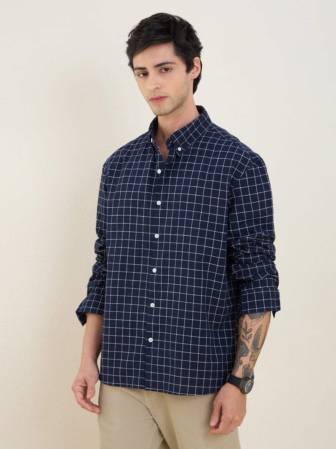 Men’s 100% Cotton Blue Check Regular Fit Shirt | MARK & ALBERT