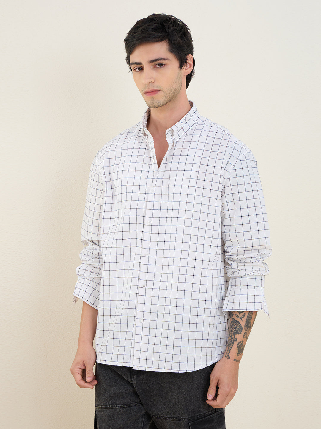 Men’s 100% Cotton White Check Regular Fit Shirt | MARK & ALBERT