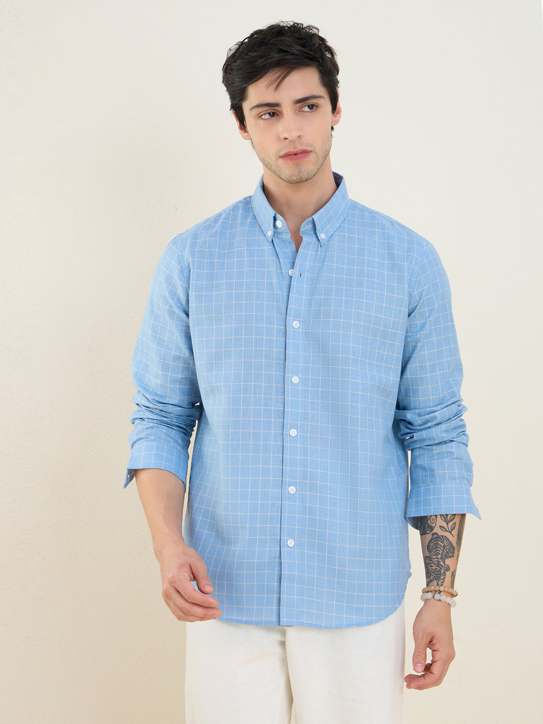 Men’s Sky-Blue Check Cotton Linen Slim Fit Casual Shirt | MARK & ALBERT