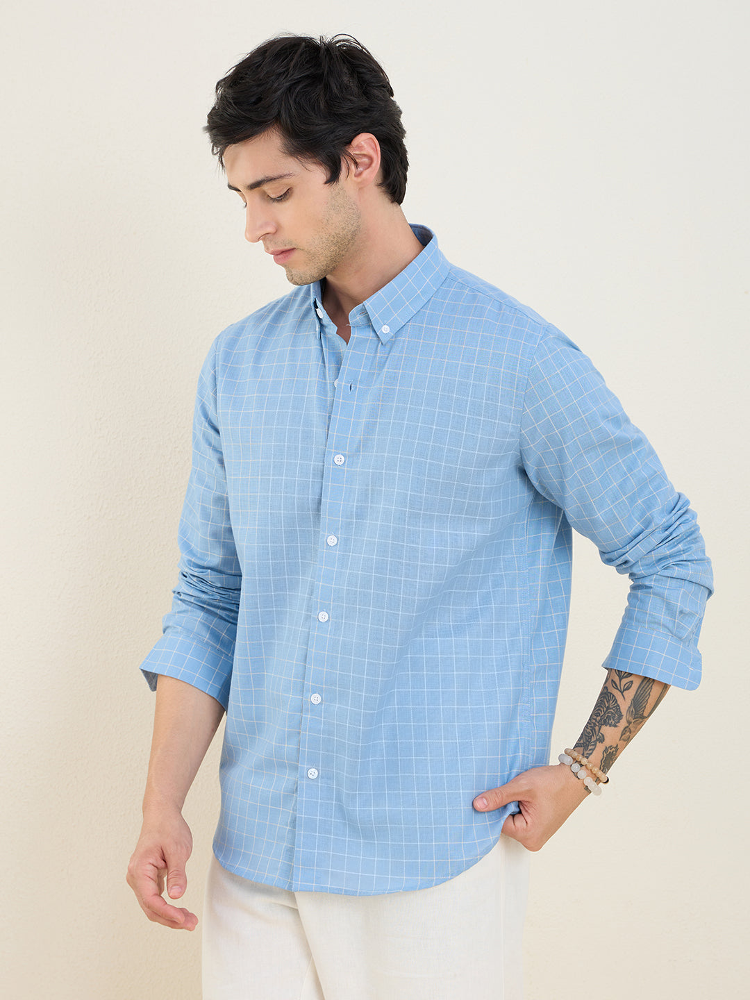 Men’s Sky-Blue Check Cotton Linen Slim Fit Casual Shirt | MARK & ALBERT