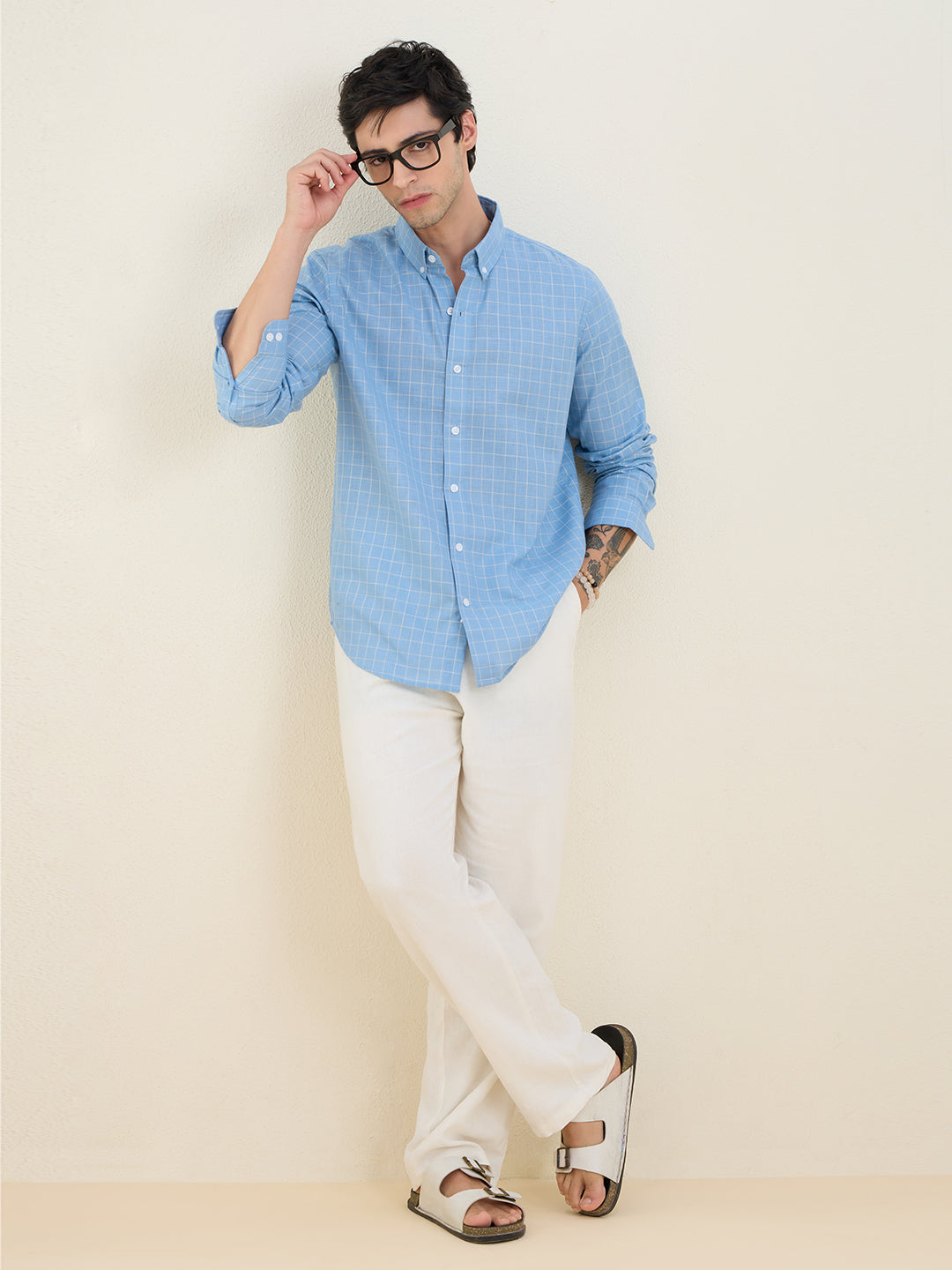 Men’s Sky-Blue Check Cotton Linen Slim Fit Casual Shirt | MARK & ALBERT