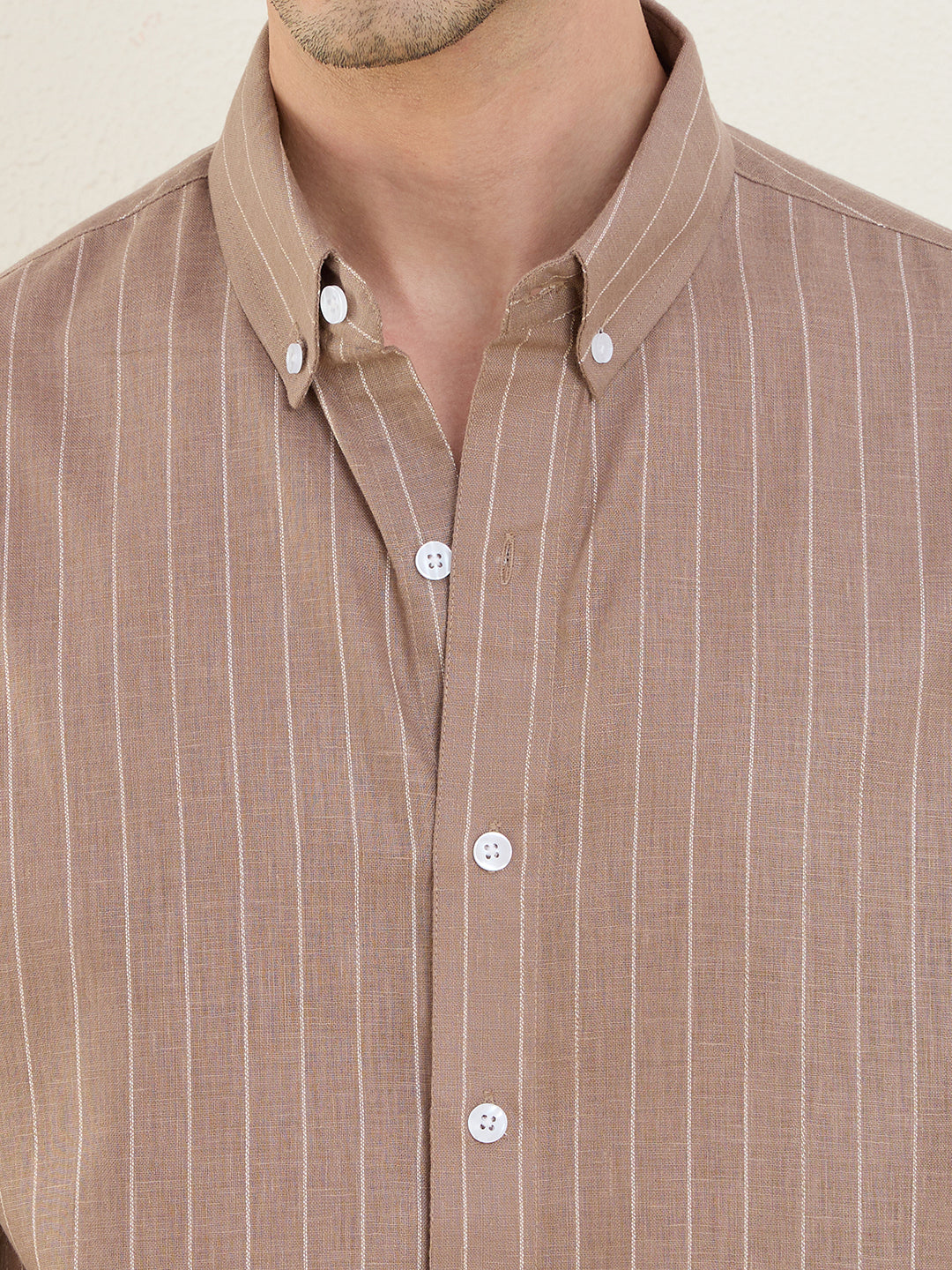 Men’s Brown Striped Cotton Linen Slim Fit Casual Shirt | MARK & ALBERT