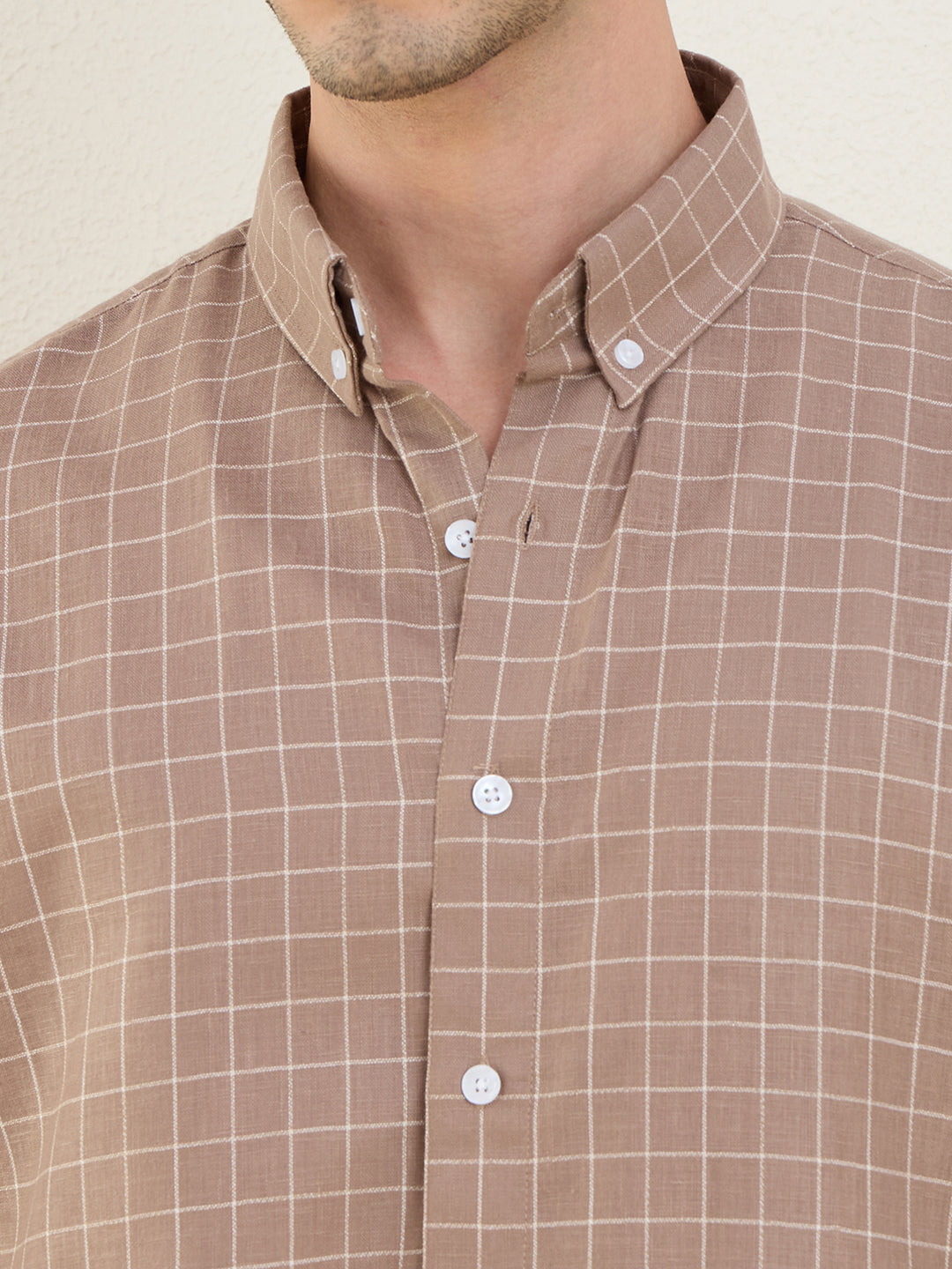 Men’s Brown Check Cotton Linen Slim Fit Casual Shirt | MARK & ALBERT