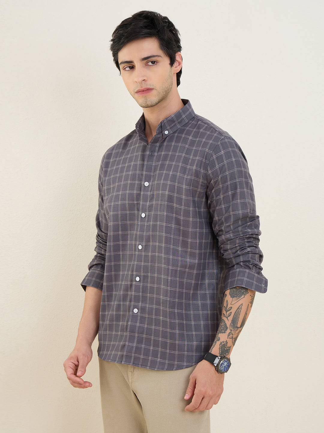 Men’s Grey Check Cotton Linen Slim Fit Casual Shirt | MARK & ALBERT