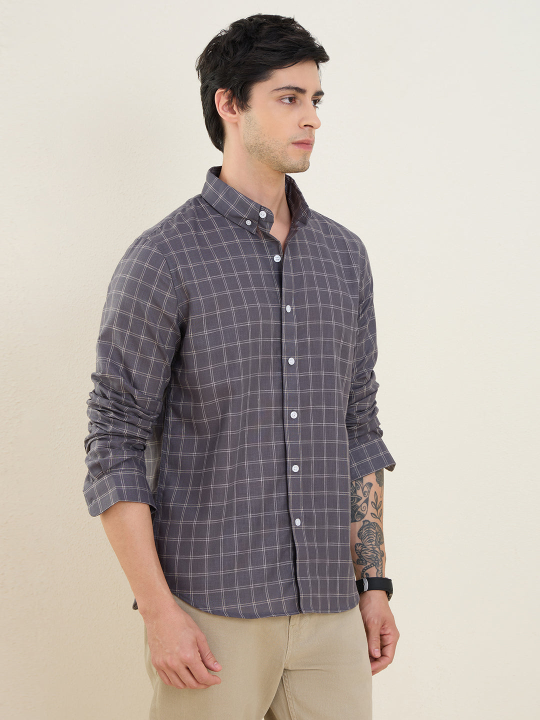 Men’s Grey Check Cotton Linen Slim Fit Casual Shirt | MARK & ALBERT