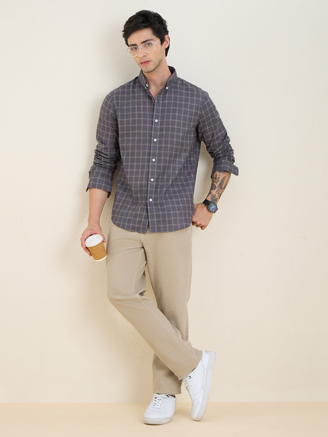 Men’s Grey Check Cotton Linen Slim Fit Casual Shirt | MARK & ALBERT