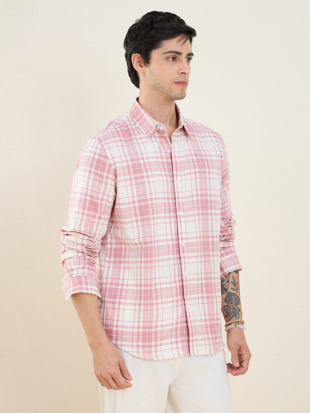 Men’s 100% Cotton Pink Check Slim Fit Casual Shirt | MARK & ALBERT