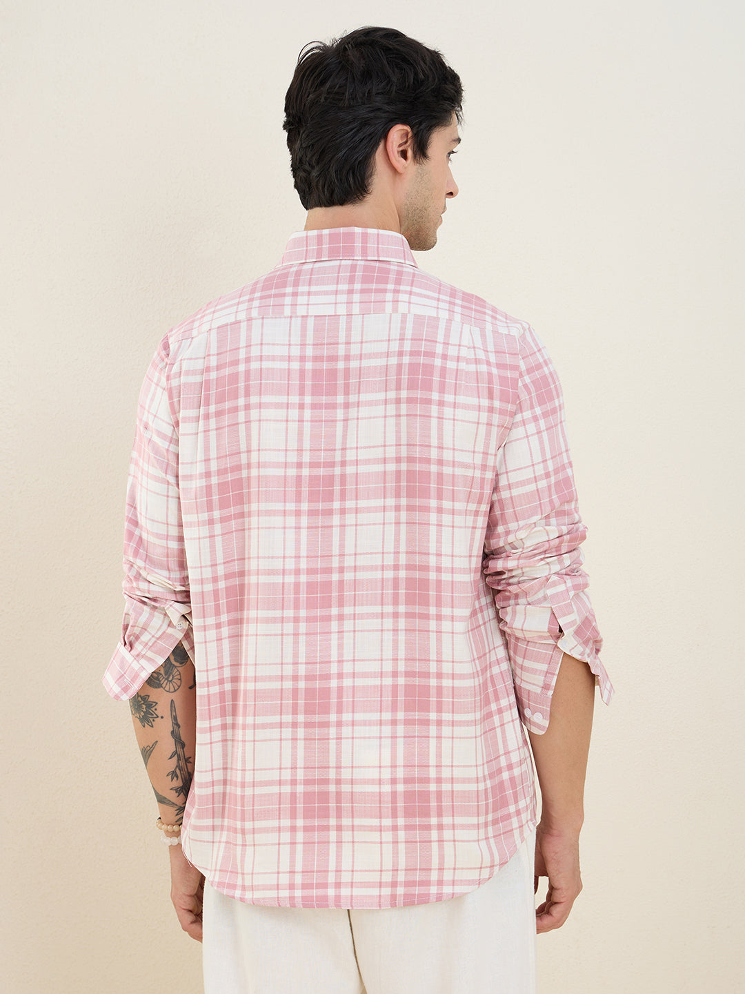 Men’s 100% Cotton Pink Check Slim Fit Casual Shirt | MARK & ALBERT