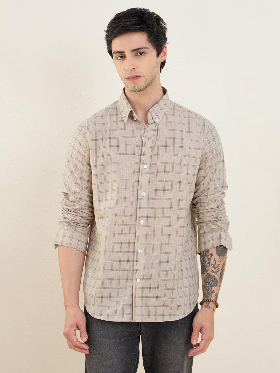Men’s Beige Check Cotton Linen Slim Fit Casual Shirt | MARK & ALBERT