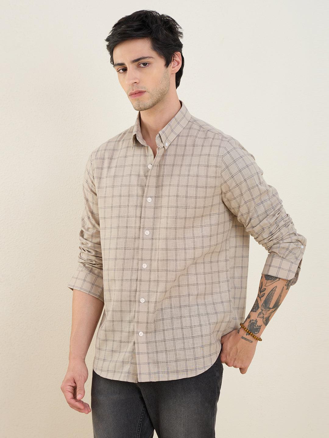 Men’s Beige Check Cotton Linen Slim Fit Casual Shirt | MARK & ALBERT
