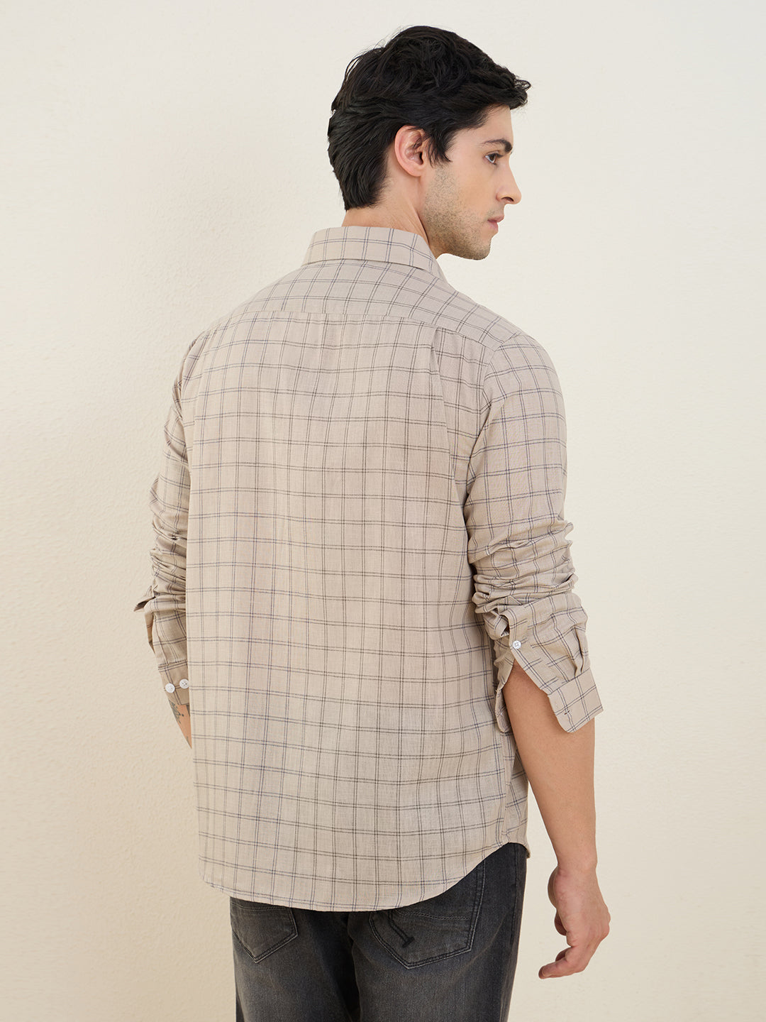 Men’s Beige Check Cotton Linen Slim Fit Casual Shirt | MARK & ALBERT