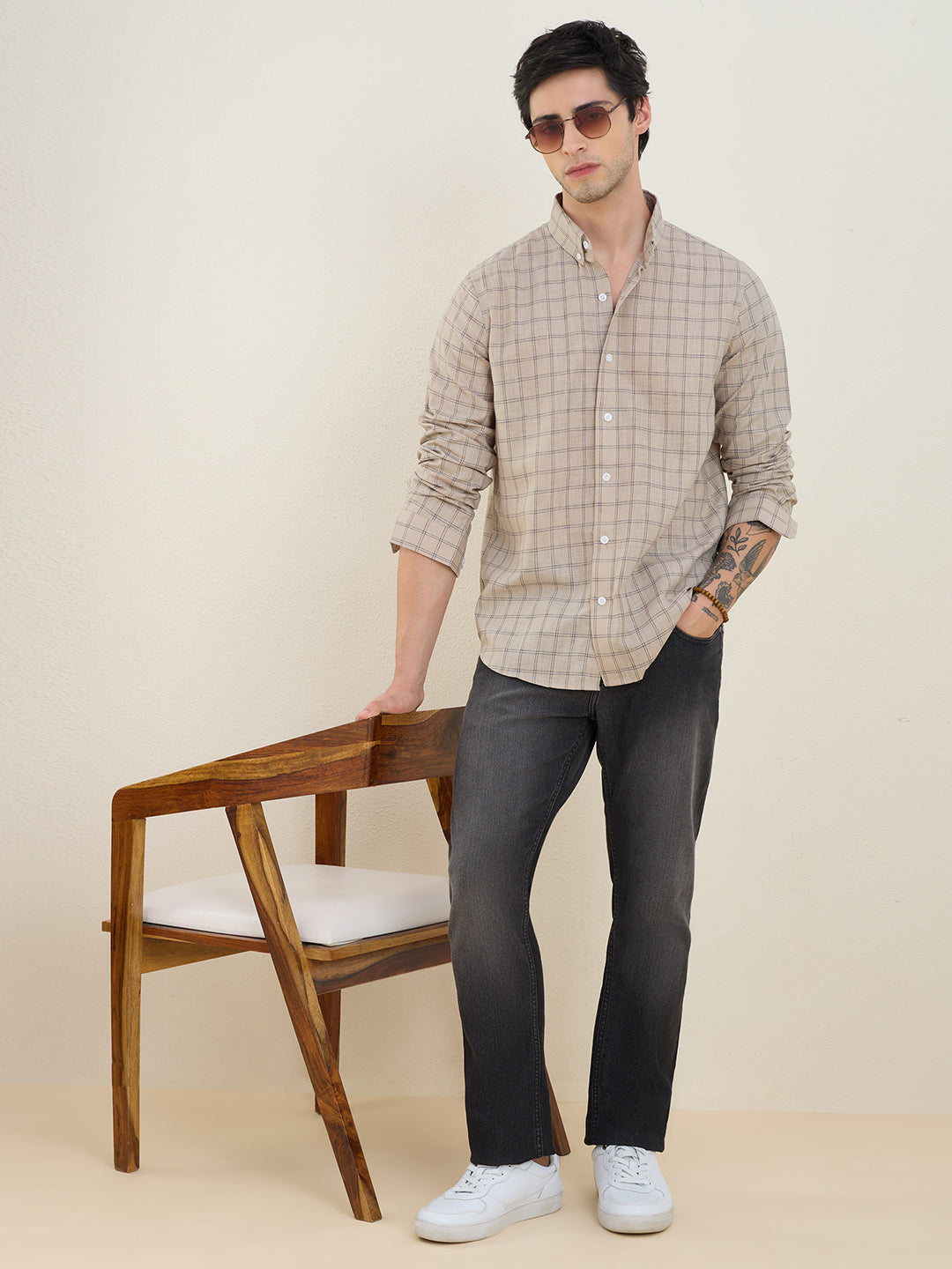 Men’s Beige Check Cotton Linen Slim Fit Casual Shirt | MARK & ALBERT