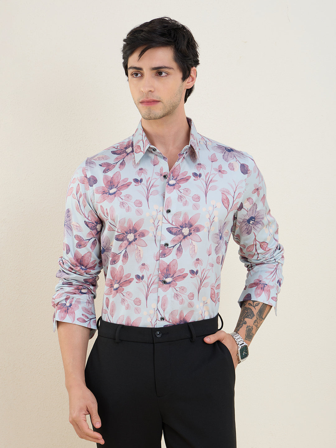Men's Floral Printed Luxury Giza Cotton Slim Fit Shirt | MARK & ALBERT