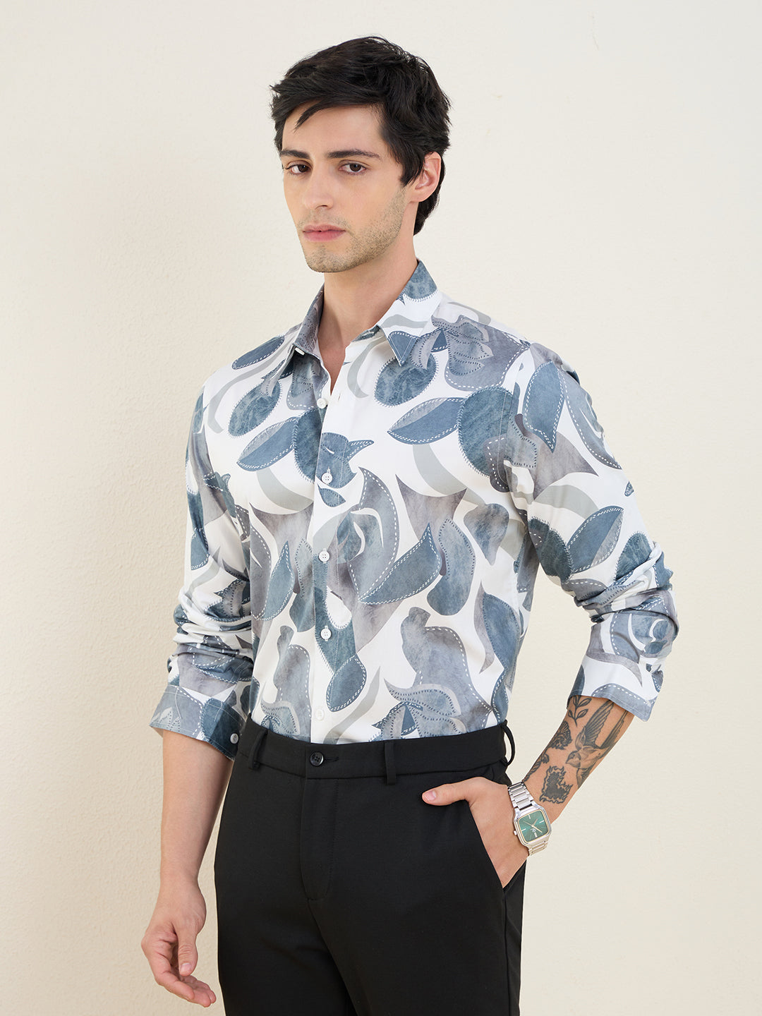 Men's Blue Abstract Printed Luxury Giza Cotton Slim Fit Shirt | MARK & ALBERT