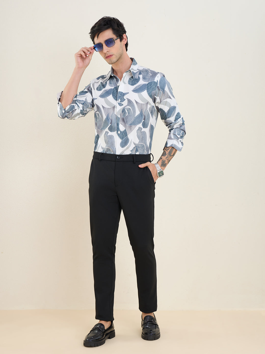 Men's Blue Abstract Printed Luxury Giza Cotton Slim Fit Shirt | MARK & ALBERT