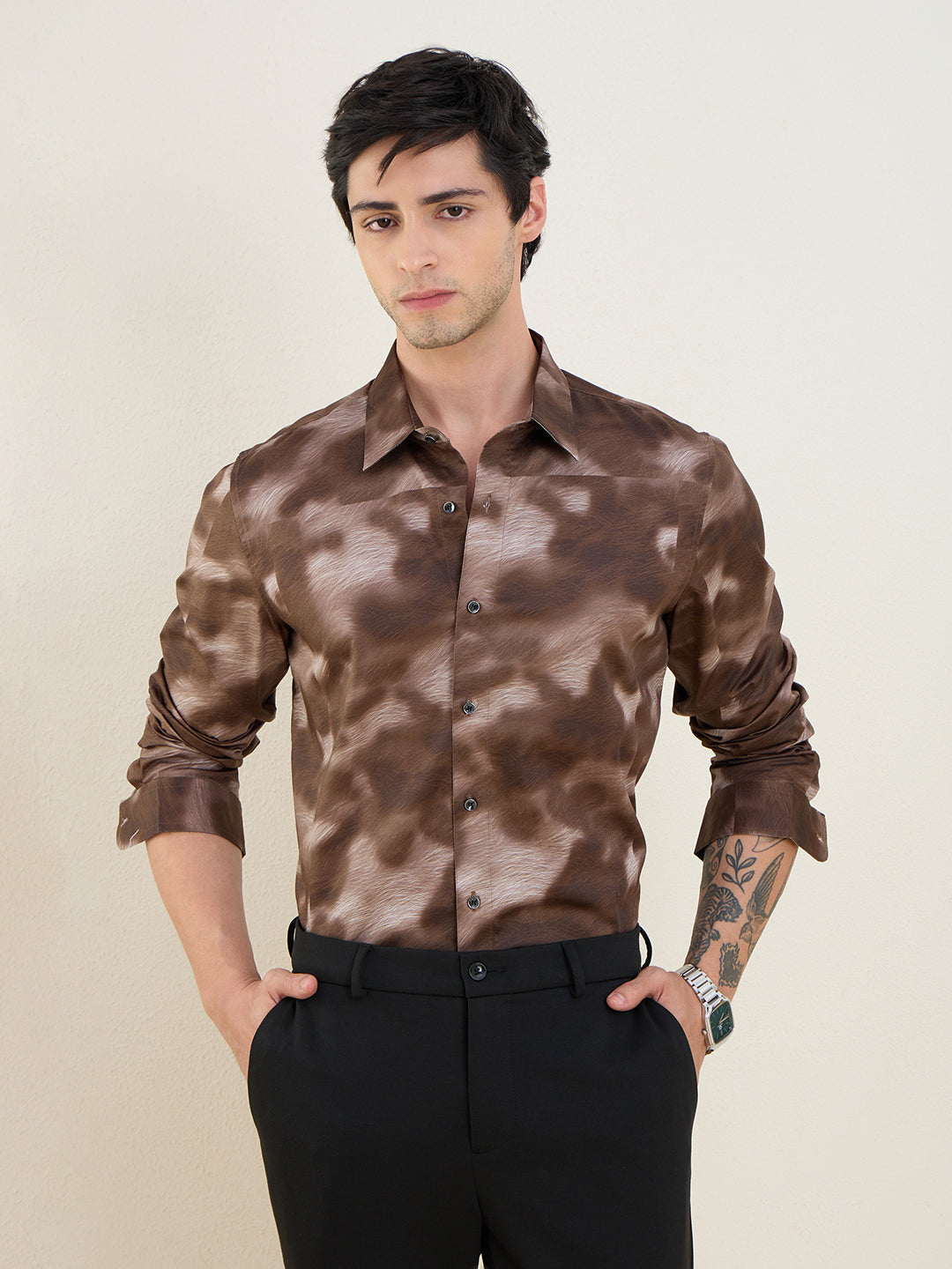 Men's Mocha Abstract Printed Luxury Giza Cotton Slim Fit Shirt | MARK & ALBERT