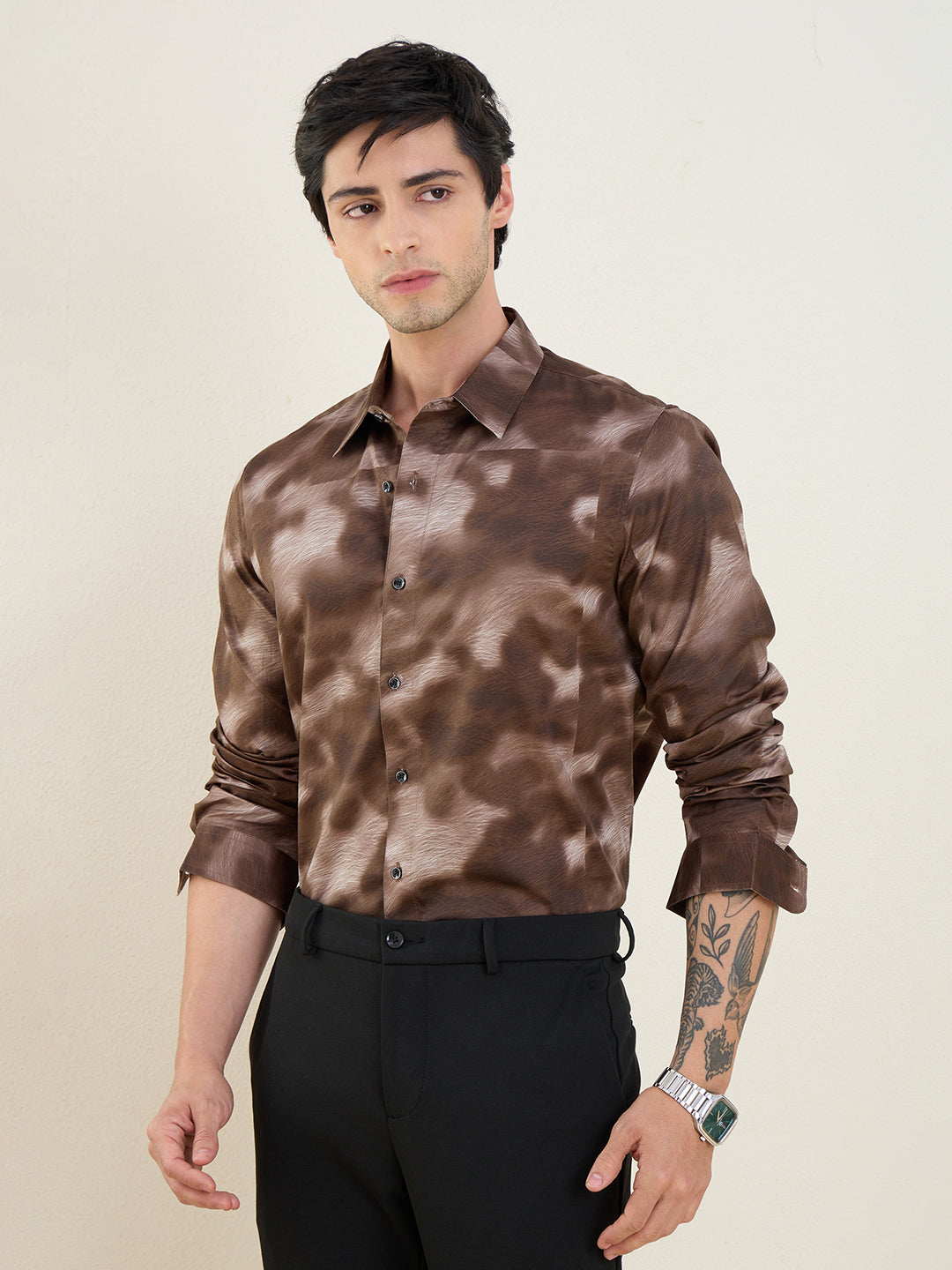 Men's Mocha Abstract Printed Luxury Giza Cotton Slim Fit Shirt | MARK & ALBERT