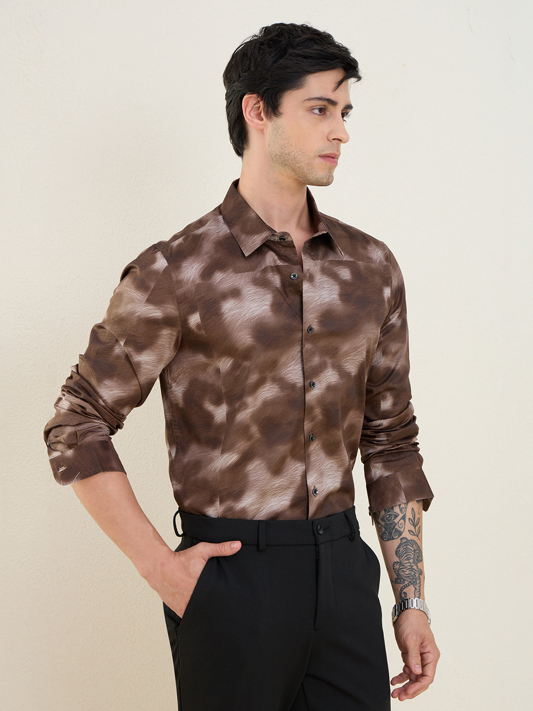 Men's Mocha Abstract Printed Luxury Giza Cotton Slim Fit Shirt | MARK & ALBERT