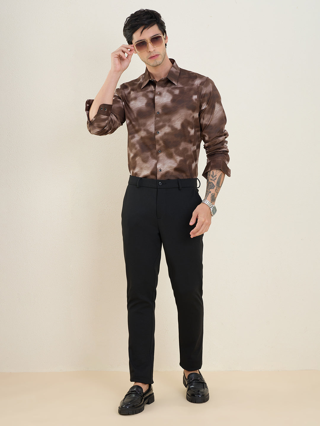 Men's Mocha Abstract Printed Luxury Giza Cotton Slim Fit Shirt | MARK & ALBERT