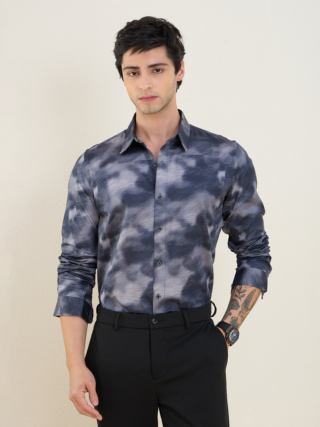 Men's Grey Printed Luxury Giza Cotton Slim Fit Shirt | MARK & ALBERT