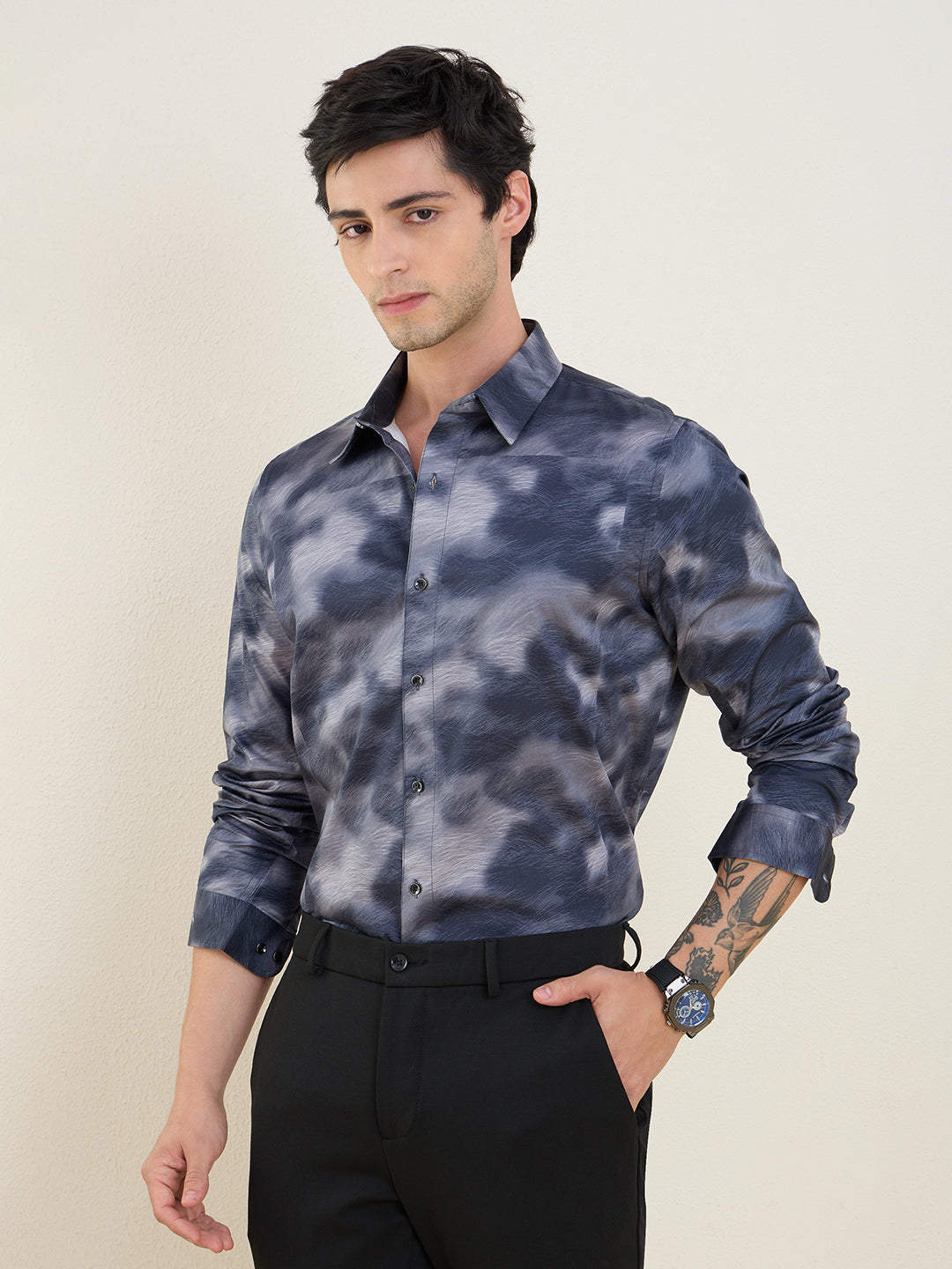 Men's Grey Printed Luxury Giza Cotton Slim Fit Shirt | MARK & ALBERT