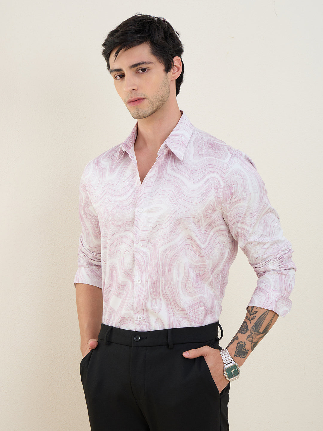 Men's Pink Marble Printed Luxury Giza Cotton Slim Fit Shirt | MARK & ALBERT